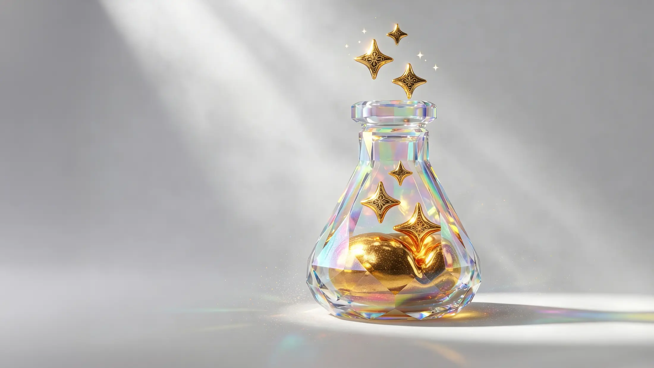 Iridescent alchemy vessel with floating golden stars